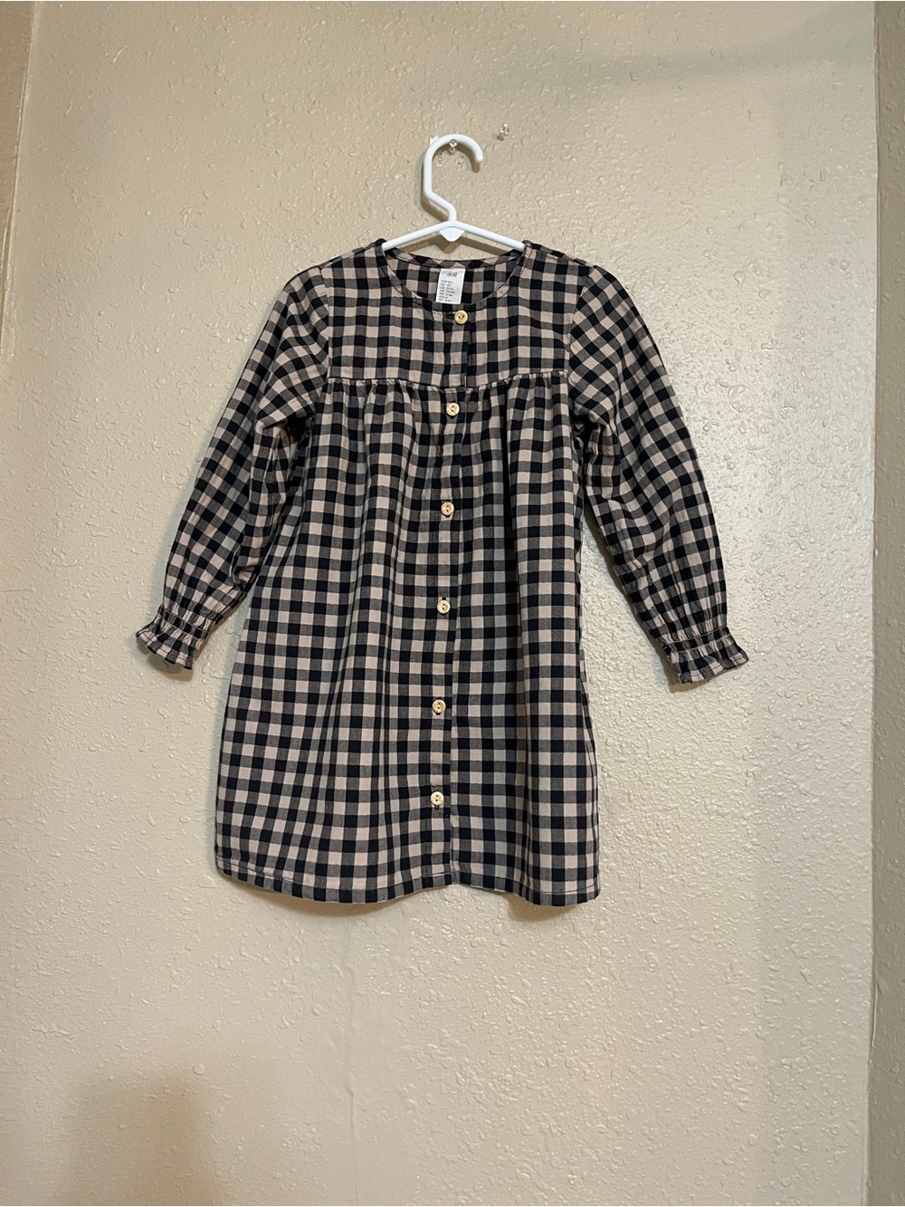 H & M Girls Black, Beige, Dark Gray Gingham Button-Front 100% Cotton Dress 4T